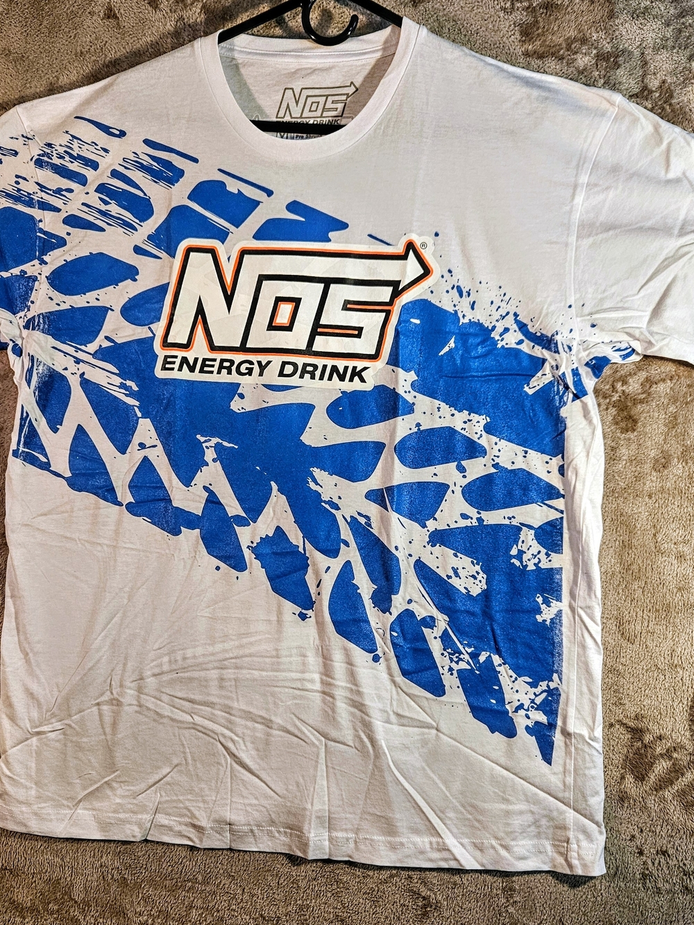 Energy Drink Men's White Short Sleeve Tee with Blue Graphic